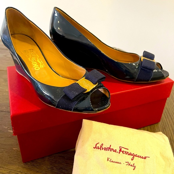 Salvatore Ferragamo Shoes - Salvatore Ferragamo Wedge Pumps. Peep-Toes with Bow Accent. NO BOX.